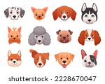 Dog faces emoticons. Breed dogs puppy heads, draw happy pets character cute face canine head breeds husky beagle labrador yorkshire poodle set cartoon ingenious vector illustration of character dog