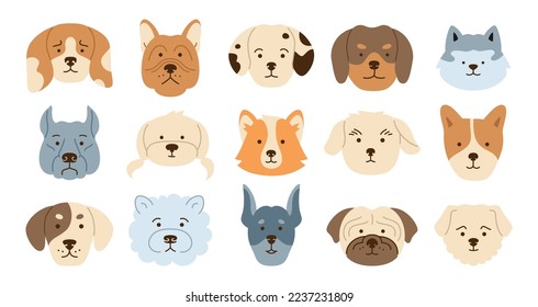 El perro se enfrenta al juego de personajes de la caricatura de la emoción. Cute cachorro kawaii cabeza muzzle doodle icono. Sonriente cómico pegatina infantil pegada a bebé de mascota. Plantilla de impresión de ilustraciones para tarjeta de niño, afiche, portada