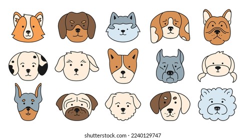 Dog faces emotion cartoon outline character set. Cute puppy kawaii head muzzle doodle icon. Smiling funny childish doggy pet baby comic flat sticker. Illustration template for kid card, poster, cover