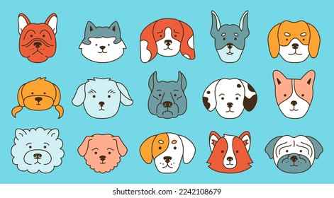 Dog faces emotion cartoon outline character set. Smiling funny childish doggy pet, baby comic flat sticker. Cute puppy kawaii head muzzle doodle icon. Illustration template for kid card, poster, cover