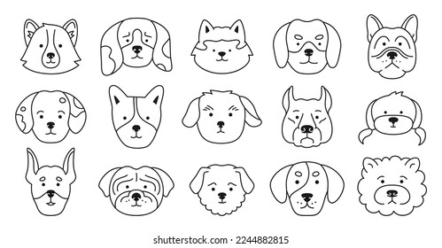 Dog faces emotion doodle outline character set. Cute puppy kawaii head muzzle linear icon. Smiling funny childish doggy pet baby contour illustration. Comic drawing template for kid card, poster cover