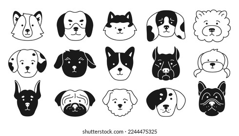 Dog faces emotion sketch doodle character set. Cute puppy kawaii head muzzle stamp icon. Smiling funny childish doggy pet baby press. Illustration comic template for kid print template card, cover