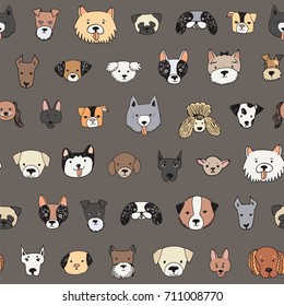 dog faces funny cartoon doodle vector seamless pattern