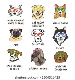 Dog faces with glasses illustrations set.