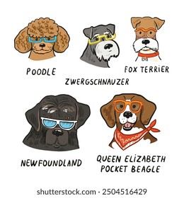 Dog faces with glasses illustrations set.