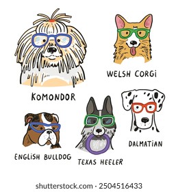 Dog faces with glasses illustrations set.