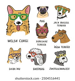 Dog faces with glasses illustrations set.