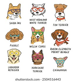 Dog faces with glasses illustrations set.