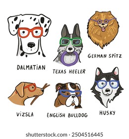 Dog faces with glasses illustrations set.