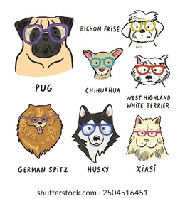 Dog faces with glasses illustrations set.