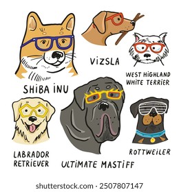 Dog faces with glasses illustrations set.