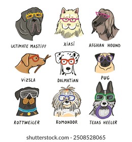 Dog faces with glasses illustrations set.