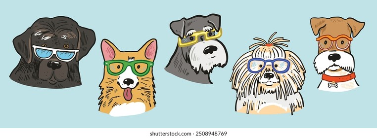 Dog faces with glasses illustrations set.