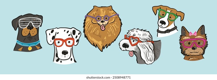 Dog faces with glasses illustrations set.