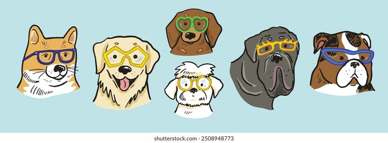 Dog faces with glasses illustrations set.