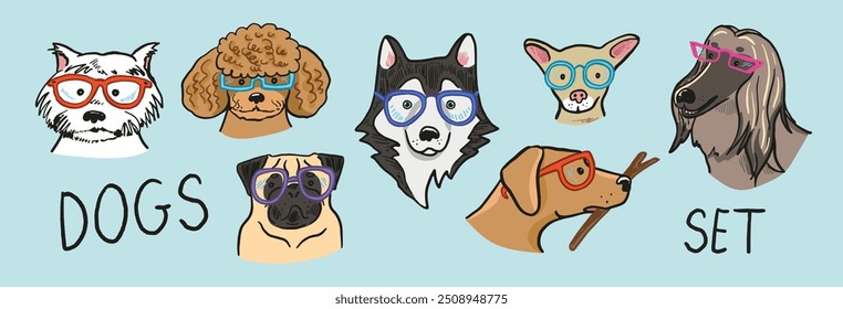 Dog faces with glasses illustrations set.