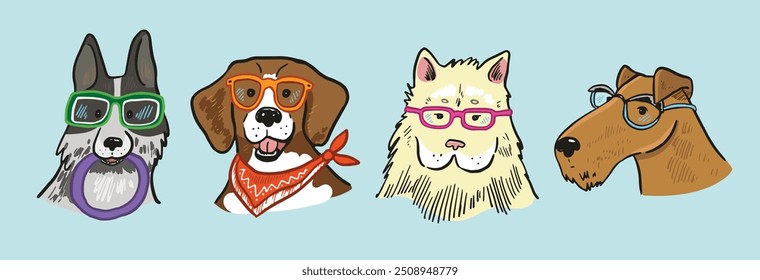 Dog faces with glasses illustrations set.