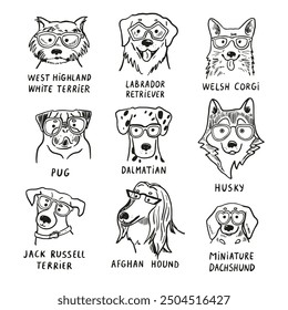 Dog faces with glasses line illustrations set.