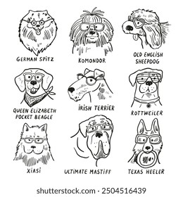 Dog faces with glasses line illustrations set.