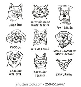 Dog faces with glasses line illustrations set.