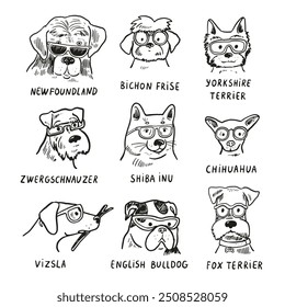 Dog faces with glasses line illustrations set.