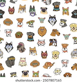 Dog faces with glasses seamless pattern.