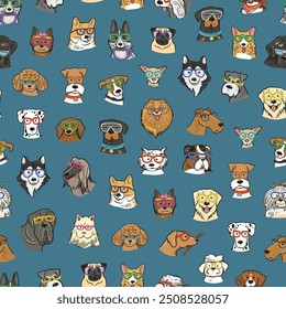 Dog faces with glasses seamless pattern.