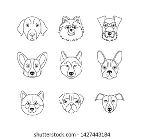 Dog faces icon set black and white