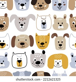 Dog faces are located horizontally on a white background. Seamless childish pattern with dog animal faces. Creative nursery background. 