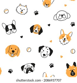 Dog faces seamless pattern. Hand drawn heads of different dog breed. Corgi, Beagle, Chihuahua, Pomeranian spitz, Bulldog, Dalmatian. Hand drawn vector illustration in doodle style on white background.