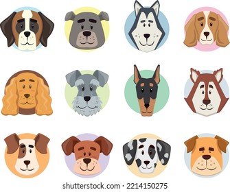 Dog faces set cute cartoon