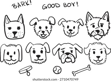 Dog faces sketch set, hand drawn black and white collection of different puppy heads. Various dog faces sketch set with accessories and funny speech bubbles.