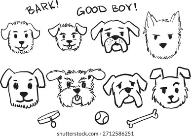 Dog faces sketch set, hand drawn black and white collection of different puppy heads. Cute dog faces sketch set with accessories and speech bubbles.