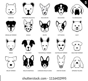 Dog Faces Stroke Icon Monochrome Cartoon 5 Samoyed Set