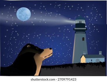 Perro frente a un faro con su luz guía bajo una luna llena y estrellas centelleantes