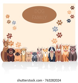 Dog family banner in purebred concept. Vector of Bernese Mountain and Central Asian hounds, French and English Bulldog, Chihuahua and boxer, Jack Russell and Bull Terrier, puppy of Argentinian Dog.