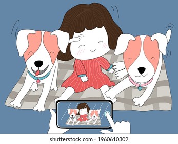 The dog family with the girls enjoying their poses for photos.Designed with doodle style for illustrations, clip art, digital prints, stickers, logos, family vacations, kids art, tshirt cards and more