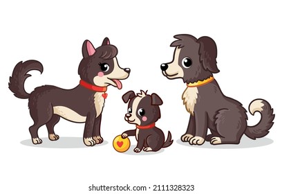 Familia de perros con un fondo blanco al estilo de las caricaturas. Ilustración vectorial con perros.