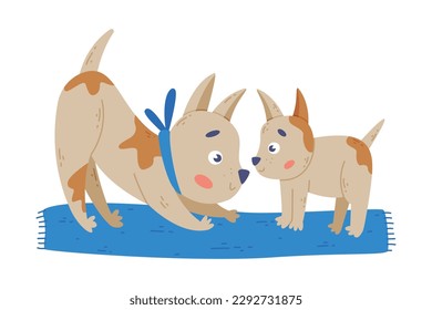 Dog family. Dog parent playing with its baby. Happy parenthood cartoon vector illustration