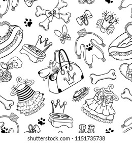 
Dog fashion seamless pattern. Monochrome vector texture with clothing items and various accessories for dogs.