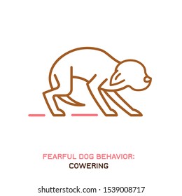 Dog fearful behavior icon. Domestic animal or pet tail language. Cowering dog. Doggy reaction. Simple icon, symbol, sign. Editable vector illustration isolated on white background   