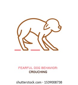 Dog fearful behavior icon. Domestic animal or pet tail language. A crouching dog. Doggy reaction. Simple icon, symbol, sign. Editable vector illustration isolated on white background   