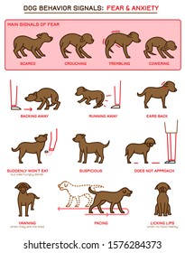 Dog Fearful Behavior Icons Set. Domestic Animal Or Pet Language Infographic. Pictograms Collection. Fear, Anxiety Poster. Simple Icon, Symbol, Sign. Vector Illustration Isolated On White Background