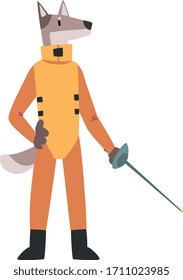 Dog Fencer in Attack with Foil, Animal Athlete Character Doing Sports Vector Illustration