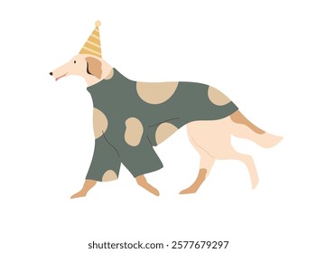 Dog in festive party hat. Cute canine animal walking, wearing birthday cap and cape. Doggy pet dressed in holiday clothes, outfit, apparel. Flat vector illustration isolated on white background