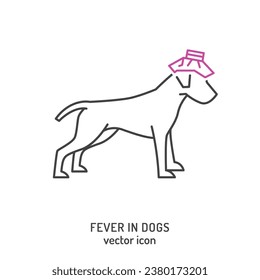 Dog fever and lethargy icon. Hyperthermia in dogs. Elevated body temperature, inflammation in canines. Pet health concerns. Editable vector illustration in line style isolated on a white background