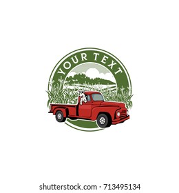 dog field and cars vintage logos the dog is in a car truck with a cornfield and farm background with a cheerful smile for this design to be used as a farm and farm logo.
