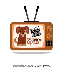 El Festival de Cine del Perro celebra en noviembre. Un televisor que muestra un perro lindo con una película clapper sobre un fondo blanco. Anuncio de evento animal.