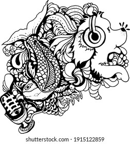 Dog and fish doodle vector image, black and white, drawing to color