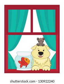 Dog and fish and mouse looking out of a window. Vector EPS10.